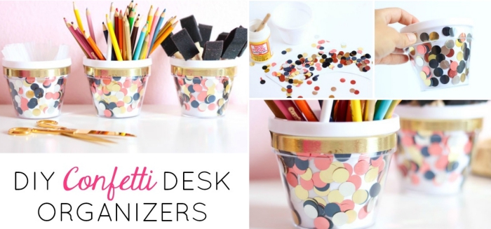 modèle organiseur de bureau DIY, activité manuelle facile, pot à crayon design confetti, idée accessoire de bureau DIY