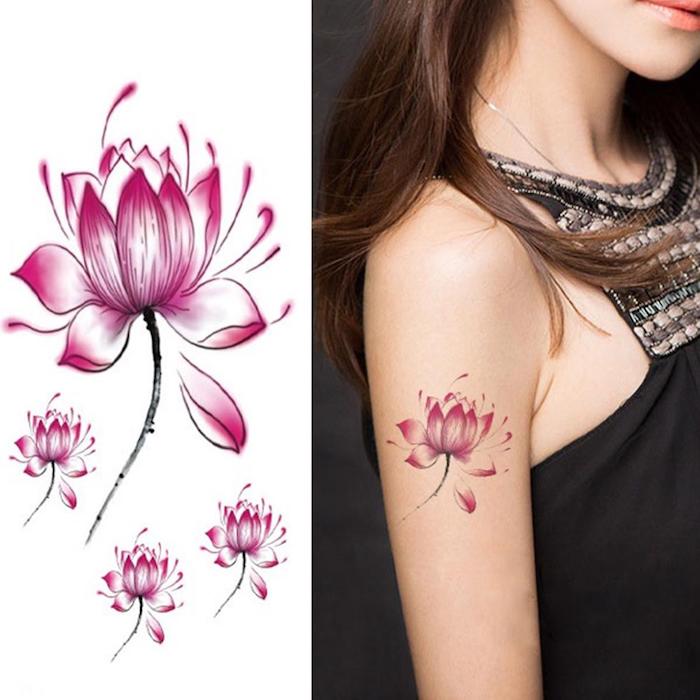 Dessin et tatouage symbole, quel tatouage choisir pour soi meme, modèle fleur tatouage coloré, tatouage éphémère