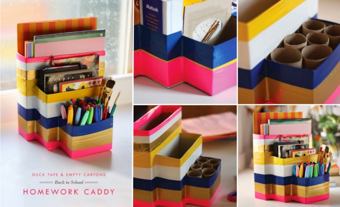 activité manuelle facile, fabriquer un accessoire bureau, DIY classeur papier et pot à crayon multicolore en carton