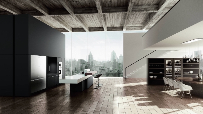 design cuisine moderne avec accents plafond et plancher en bois rustique, aménagement cuisine linéaire en noir mat