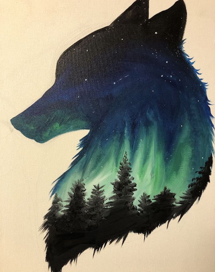 silhouette de tete de loup avec paysage dessiné à l intérieur, dessin paysage tribal d aurore boréale polaire