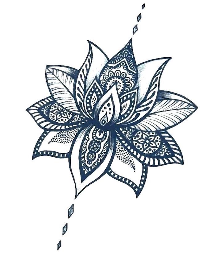 Motif fleurie pour faire le claire-obscure d'une fleur de lotus, tatouage colonne vertebrale femme, dessin de fleur