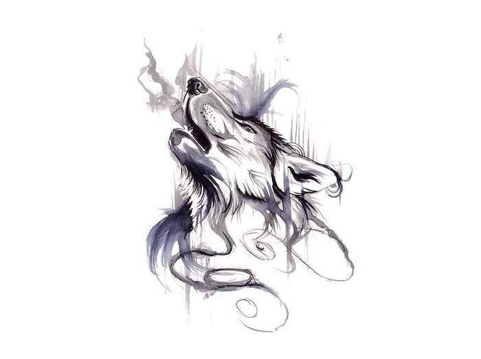 exemple de dessin tatouage de loup qui hurle aux flammes gris et violet, tête d animal originale