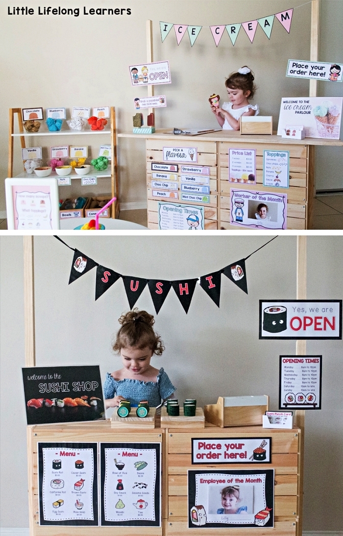 stand de marché pour enfants réalisé avec des caisses en bois ikea, bidouilles ikea boite rangement knagglig