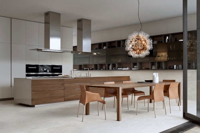 design intérieur moderne dans une cuisine ouverte et spacieuse, décoration cuisine blanc et bois avec accents noir mate