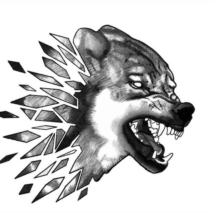 loup symbole de la férocité et les forces du mal, loup demonique avec tete qui s achève en formes geometriques