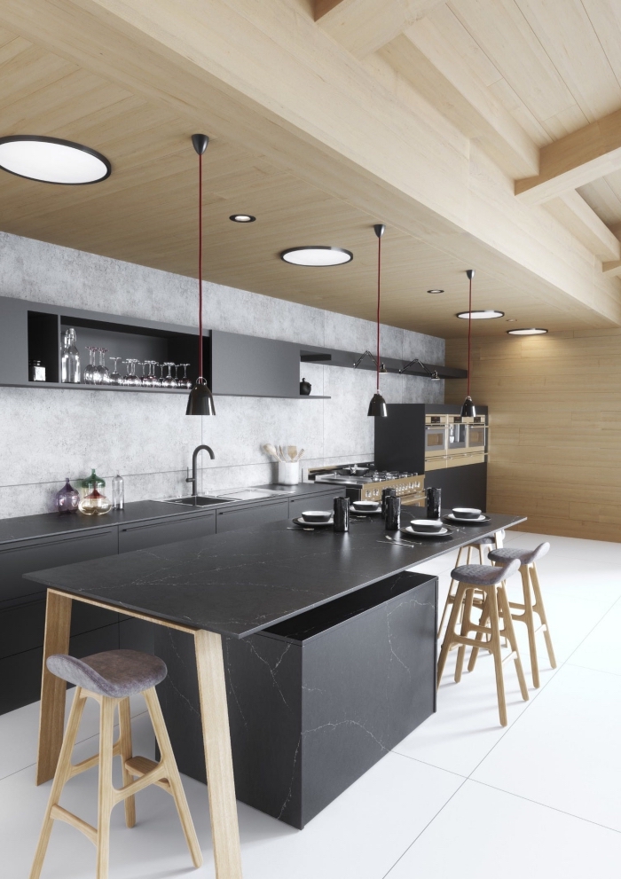 idée déco de cuisine bois et blanc avec meubles bas et plan de travail à effet marbre noir, agencement cuisine linéaire moderne