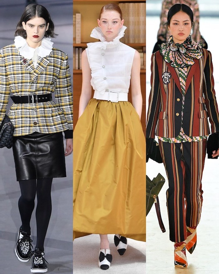Trois options tenue hiver 2020, tenue classe femme, les meilleures tendances 2019 look casual, jaune jupe mi longue