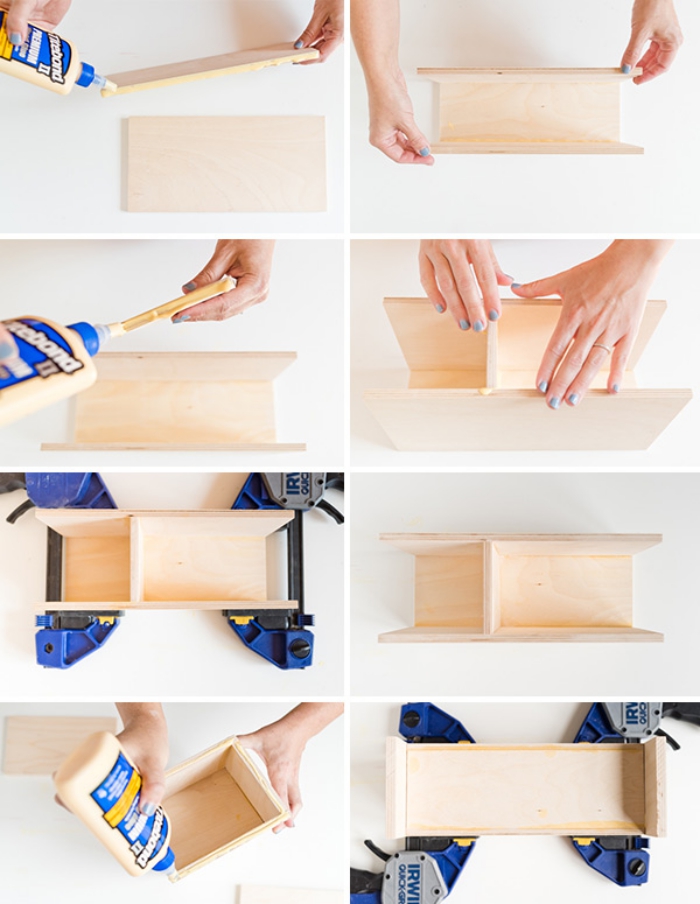 comment assembler planches bois avec colle à bois, idée construction organiseur crayons et papier à faire soi même, objet de décoration bureau