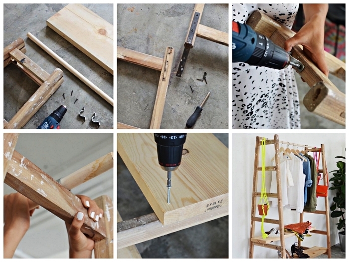tutoriel pour créer un dressing avec une échelle en bois récup et des planches en bois, vieille échelle bois détournée en portant à vêtement avec étagères pour chaussures et accessoires