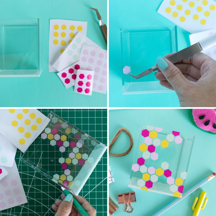 idée déco bureau avec objets DIY, exemple comment personnaliser un pot à crayon verre avec stickers autocollants