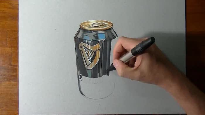 Bière illusion d optique dessin, inspiration dessin 3d, can de guinnes bière coloré dessin