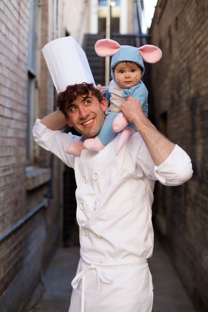 Ratatouille déguisement halloween pour bébé et son père, deguisement enfant Remi et Luigi Linguini du dessin animé Ratatouille 