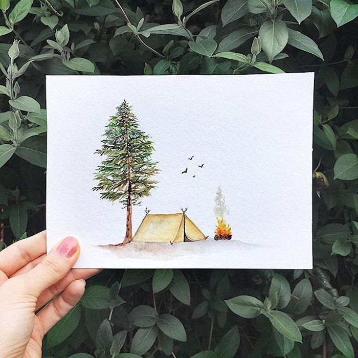 Dessin simple arbre vert et tente, feu dans la foret, idée de dessin automne-hiver, beauté de la nature 