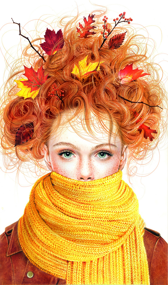 Fille roux incarnation de l'automne, écharpe jaune cosy, dessin automne fille magnifique, coloriage automne, image automnale