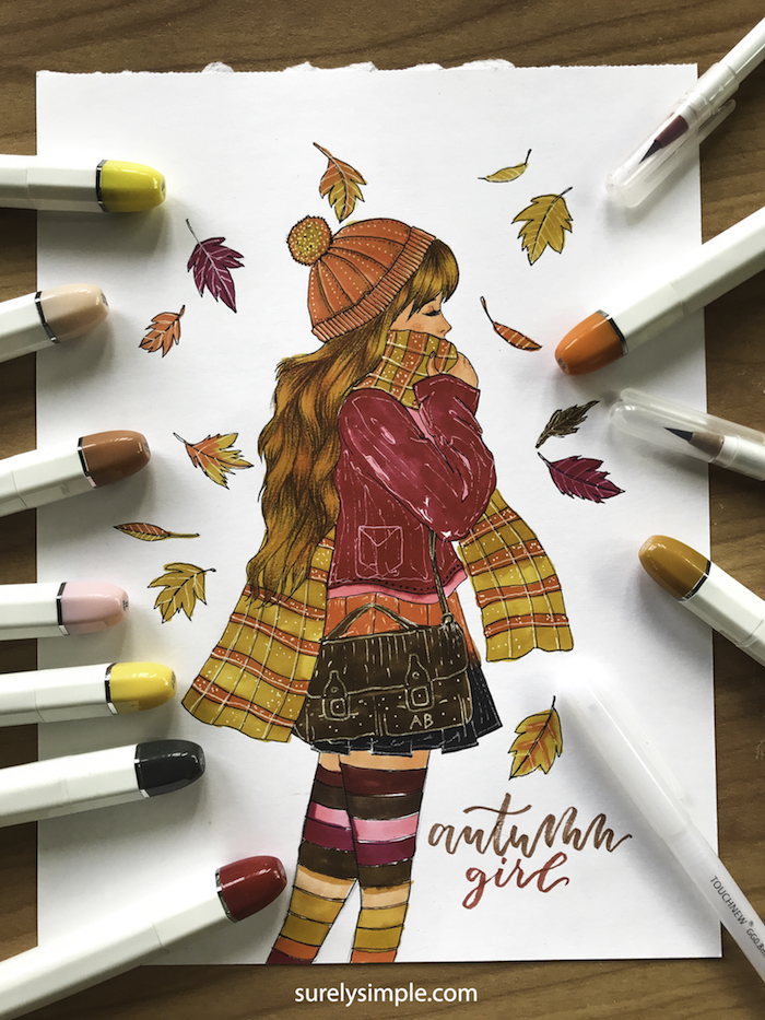 Dessin de fille qui se promene en automne avec feuilles tombant, tenue fille automne dessin, chouette idée de dessin d'automne