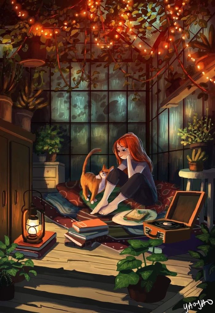 Guirlande lumineuse dessin chambre cosy, idée coloré dessin de fille et son chat, dessin d'automne, image paysage 