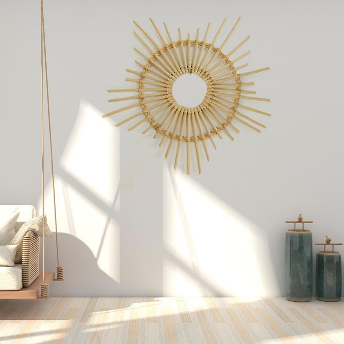comment décorer sa chambre minimaliste, design intérieur tendance déco 2019, modèle de miroir bambou en forme soleil