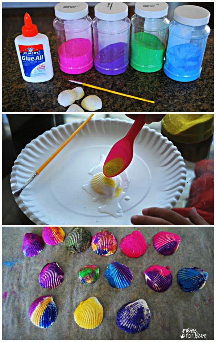 activités manuelle enfants sur le thème de l'été, tuto facile pour décorer des coquillage avec du sable et de la colle