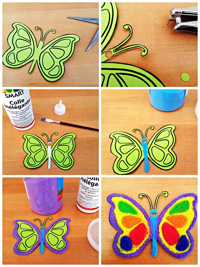 activité manuelle maternelle pour fabriquer un ornement de noël papillon décoré de sable de couleur