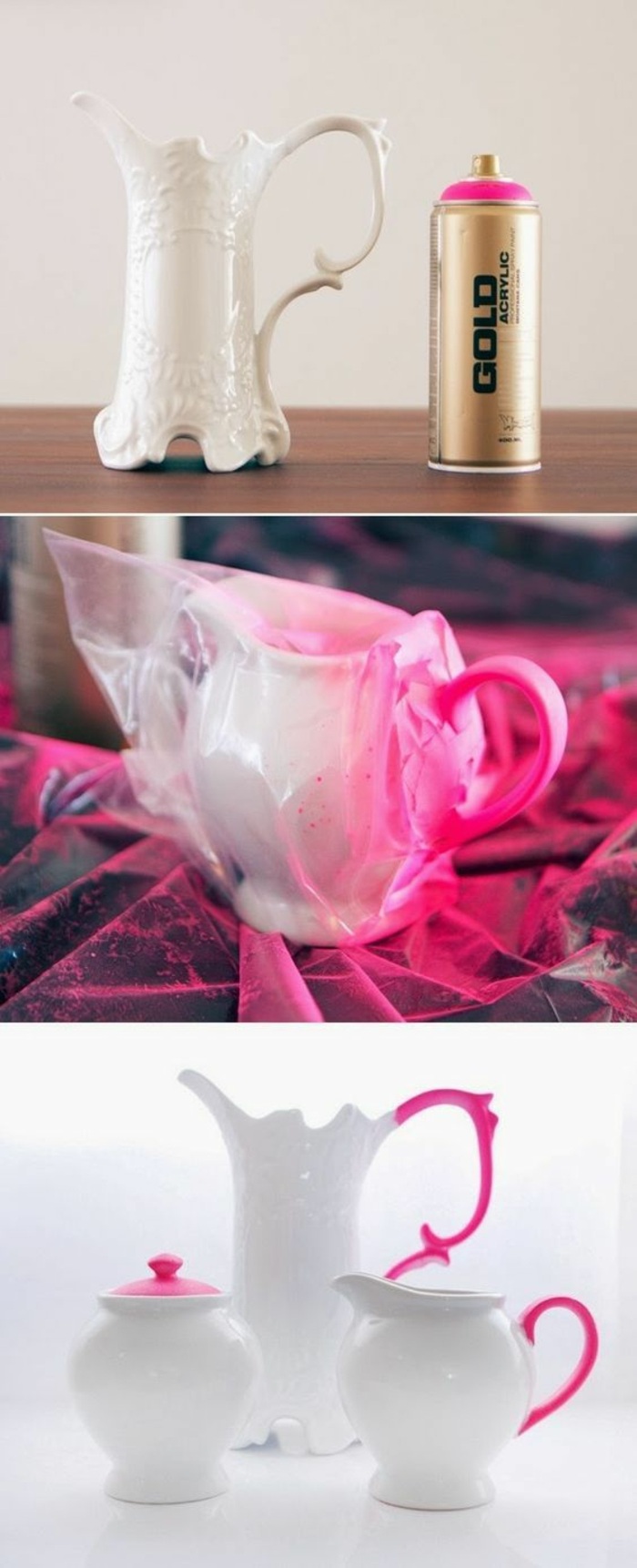 comment décorer service thé avec peinture, idée activité manuelle facile et rapide, service thé DIY bicolore blanc et rose