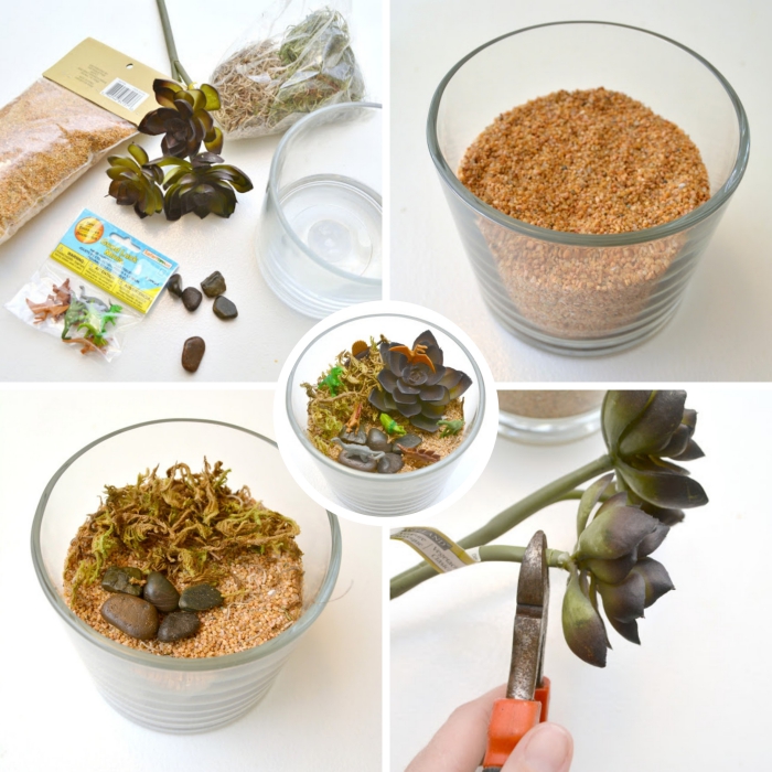 étapes à suivre pour réaliser un plante terrarium, remplissage de contenant en verre avec plantes artificielles et figurines