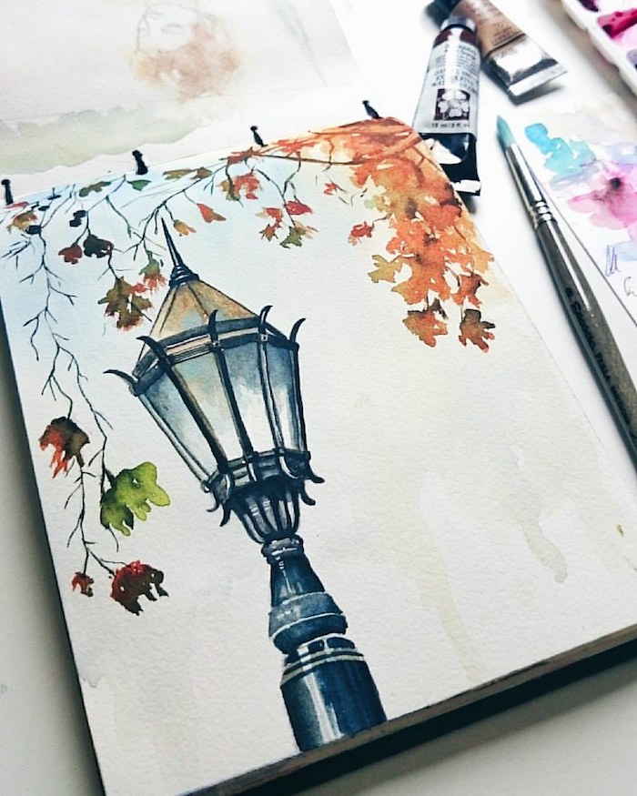 Beau dessin lampadaire classique, feuille d'automne dessin, beau dessin automne, branche d'arbre avec feuilles colorés en orange et rouge 