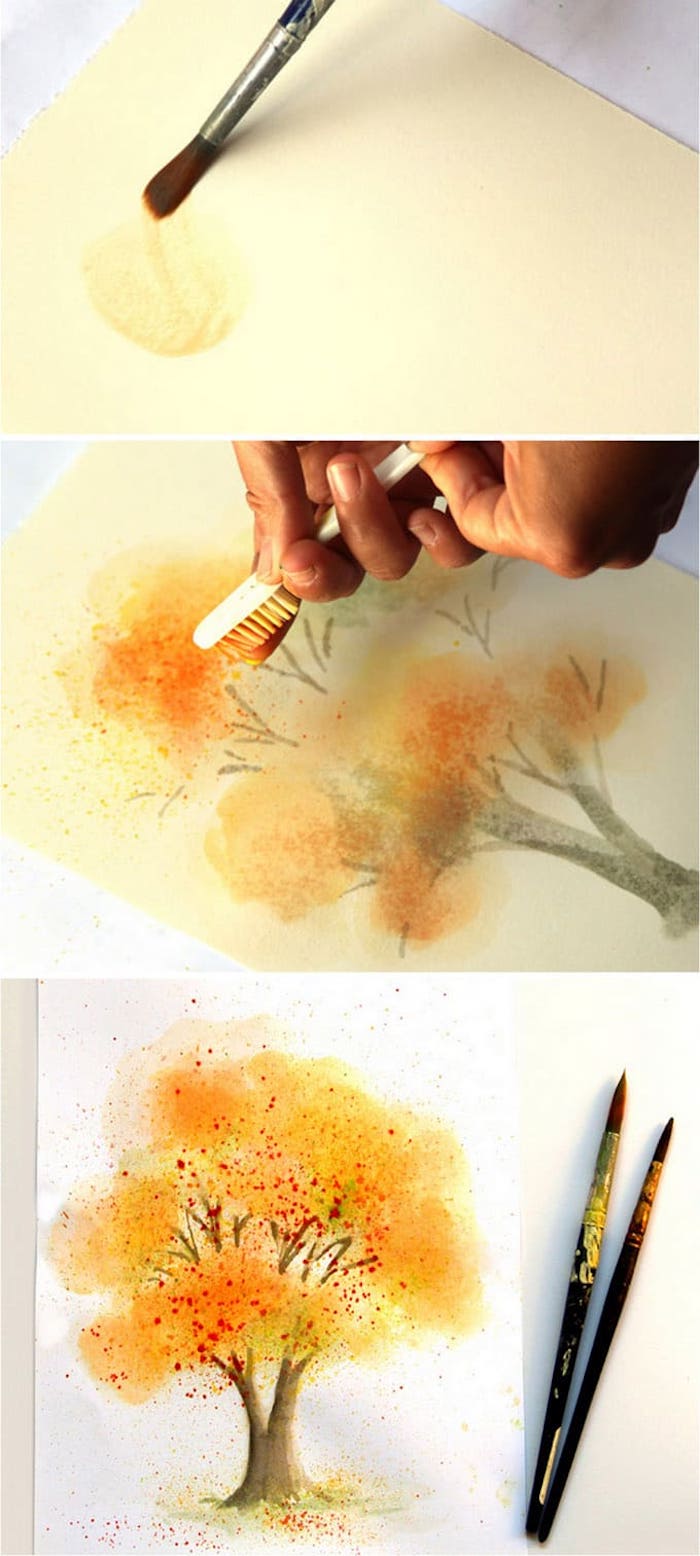 Comment dessiner un arbre d'automne à l'aquarelle, dessin arbre feuille oranges et rouges, dessin automne beauté 