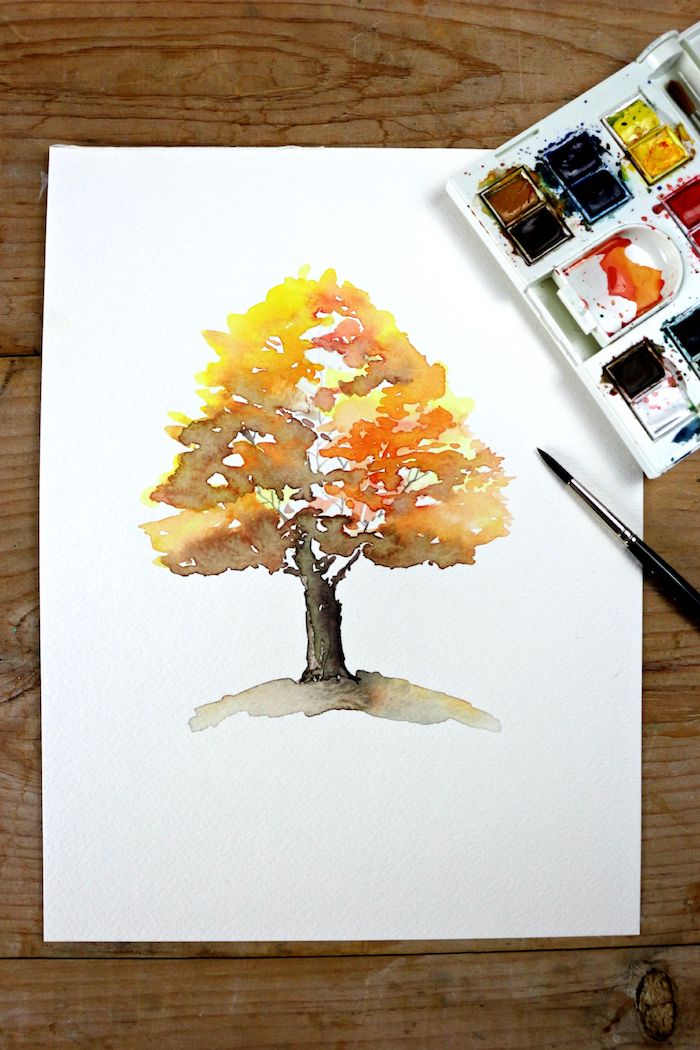 Arbre dessin aquarelle, idée de dessin automne arbre beauté, apprendre à dessiner un arbre automnal