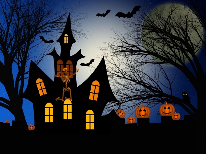 art-digital-wallpaper-pour-ordinateur-halloween-paysage-nocturne-ciel-chauve-souris-pleine-lune-fond-d-écran-horreur fond d'écran horreur pour halloween, wallpaper ordinateur avec maison hantée à décoration extérieure avec citrouilles terrifiantes