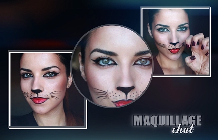 maquillage halloween simple, technique dessin moustaches et nez de chat sur visage femme chat pour Halloween
