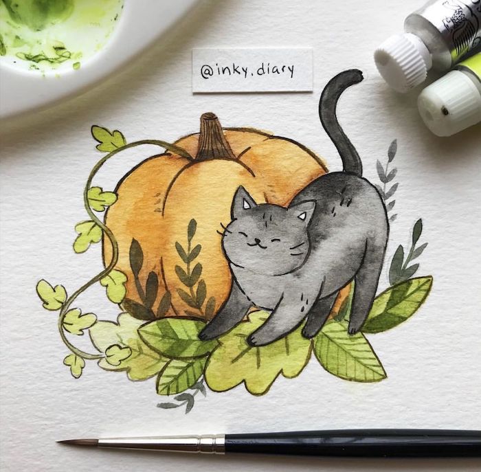 Chat et citrouille, adorable dessin de chaton, dessin d'automne citrouille, belle image paysage nature 