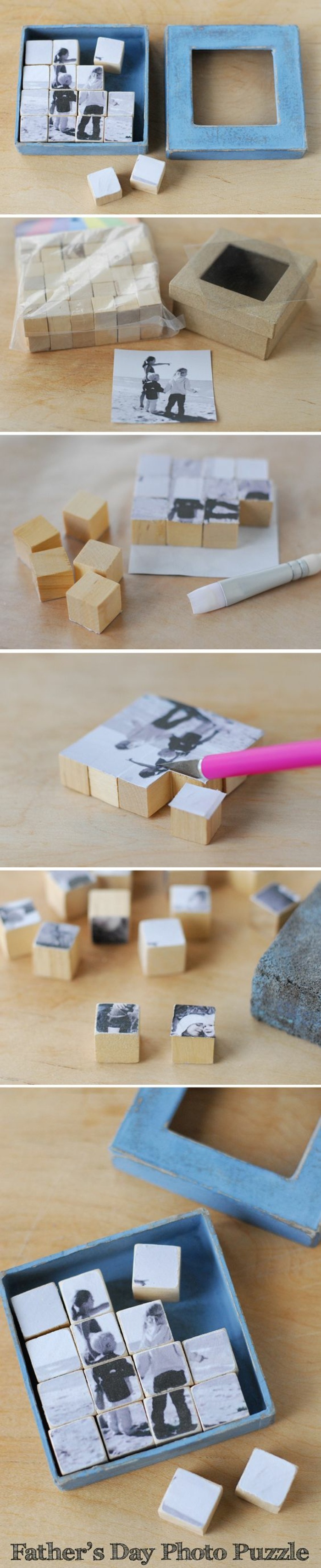 tutoriel boîte avec cubes photo en bois, bricolage fête des pères facile, exemple comment faire un puzzle avec photo
