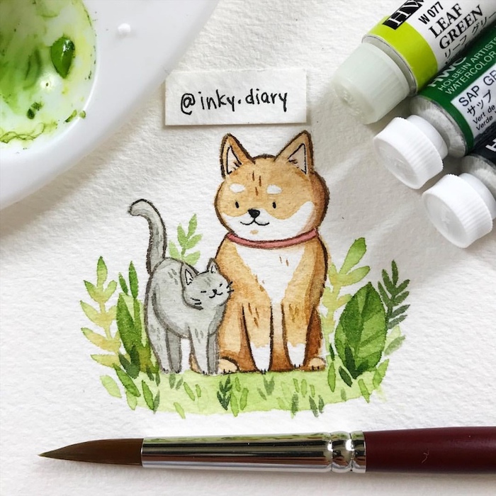 Chat et chien amis adorables, verdure autour chaton et chien, dessin automne simple, idée comment dessiner bien à l'aquarelle 