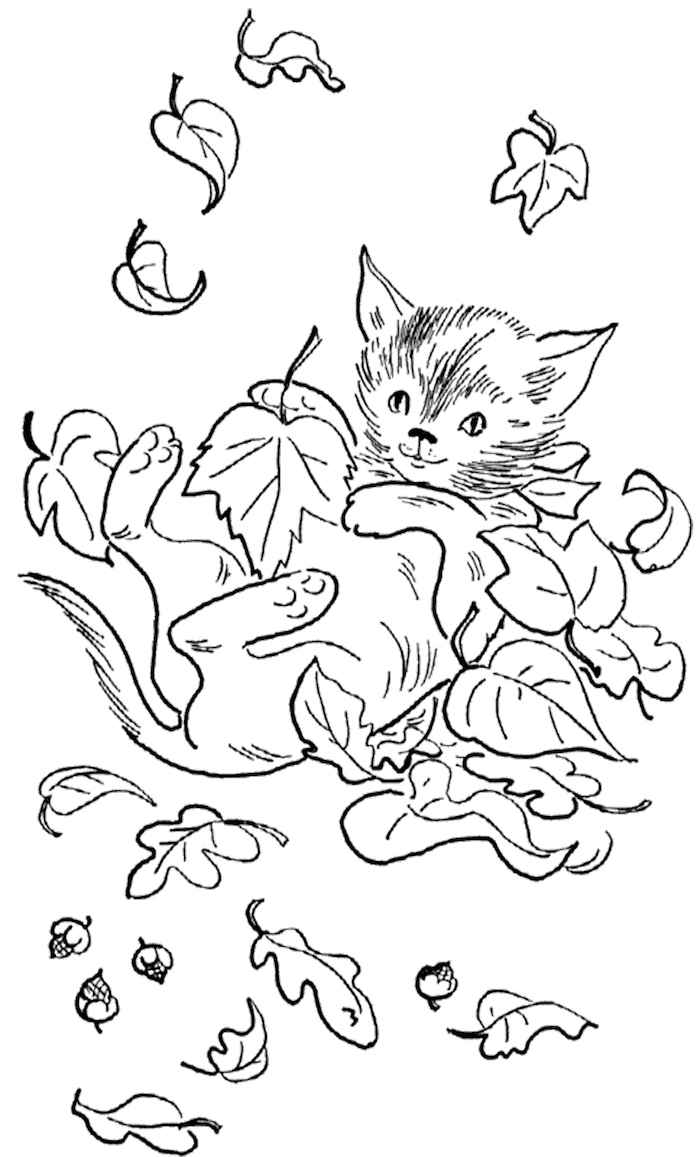 Coloriage chaton dans feuilles d'automne, jouer dans les feuilles tombées, comment dessiner un chat, apprendre à dessiner