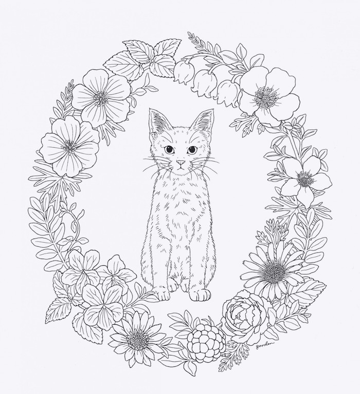 Chat au centre d'une couronne de fleurs, adorable dessin chaton à colorer, comment dessiner un animal mignon, chouette idée dessin