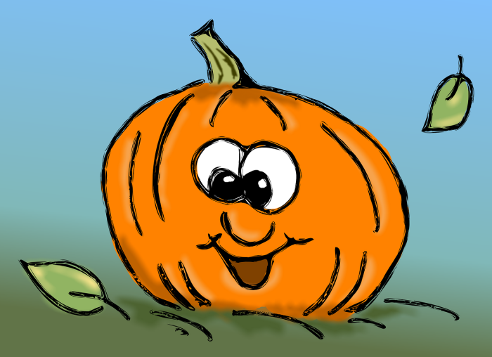 citrouille-halloween-dessin-couleur-fond-écran-vert-et-bleu-nature-dessin-facile-digitale-feuilles-vertes-citrouille-yeux-mobiles wallpaper ordinateur avec halloween dessin couleur, image halloween de citrouille orange à visage souriant