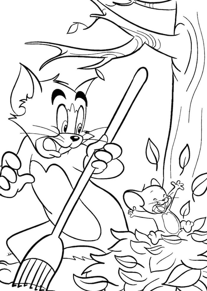 Tom et Jerry coloriage automne, beau dessin à recopier pour débutant, feuilles d'automne à colorer
