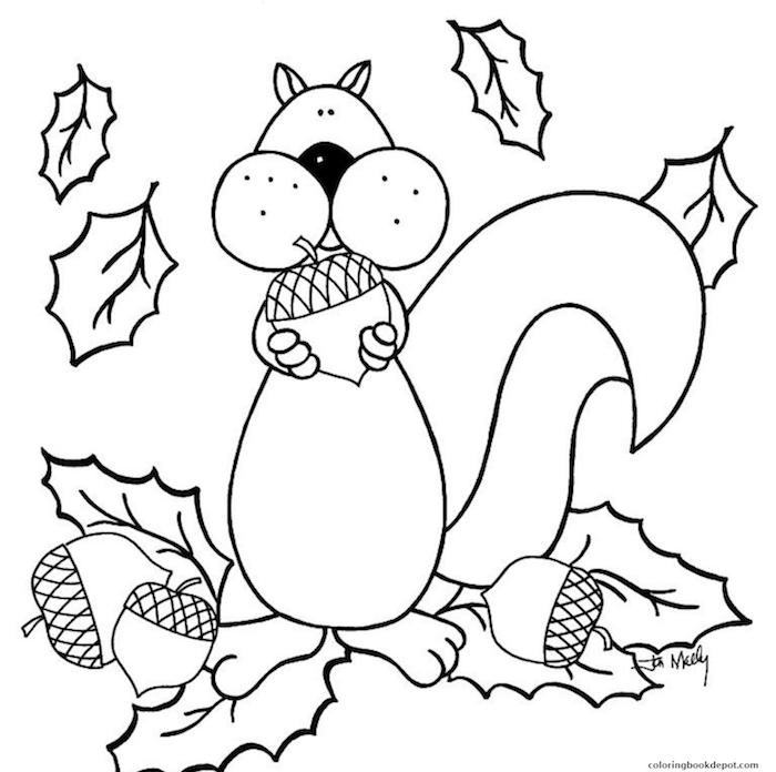 Coloriage automne écureuil, coloriage d'animaux, idée débutant dessin à recopier feuilles d'automne à colorer