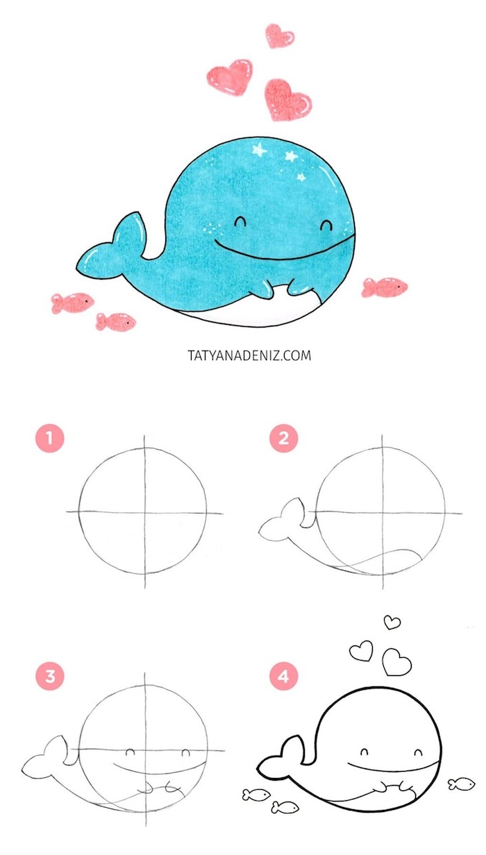 tuto dessin comment dessiner une baleine etape par etape a partir d un cercle simple, animal kawaii