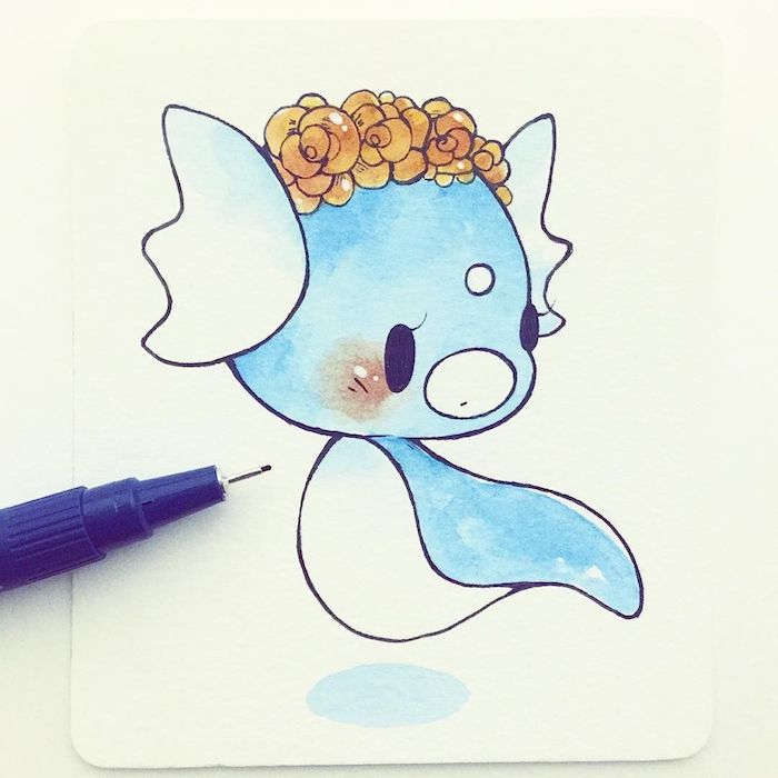idee de dessin facile a reproduire, animal japonais de couleur bleue et couronne de fleurs orange