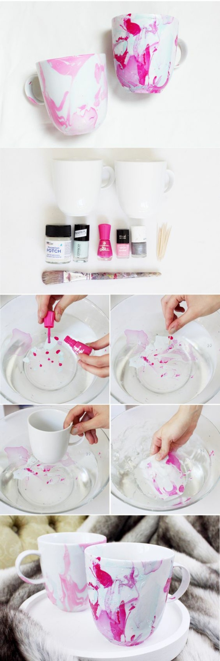exemple comment décorer un mug blanc avec vernis à ongle, technique déco avec eau et vernis à ongles sur porcelaine