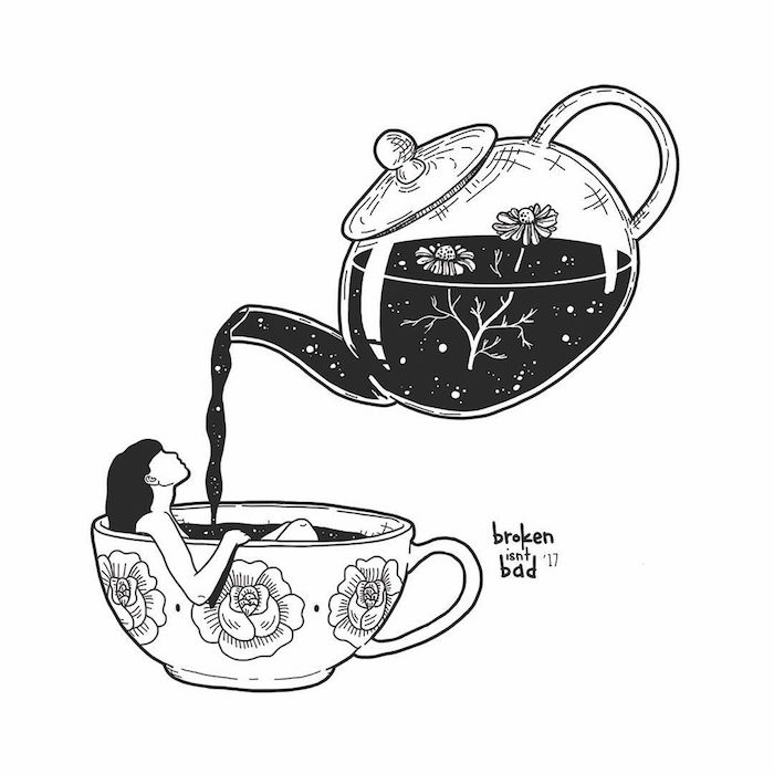 Inspiration dessin abstrait, comment dessiner une femme, tasse à thé et théière avec fleurs, thé d'automne abstrait