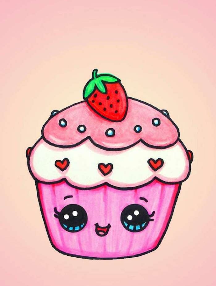 kawaii dessin de cupcake coloré de blanc et de rose avec fraise en top et des yeux noir et bleu, sur fond orange et rose