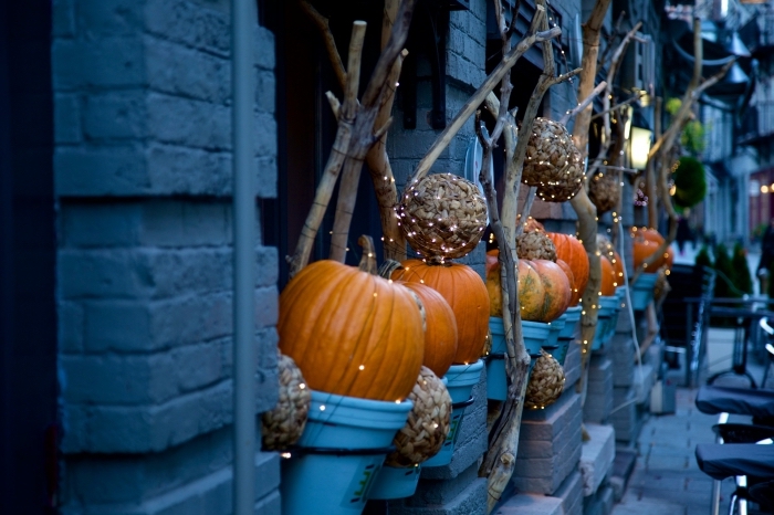 décoration-pour-halloween-2019-vitrines-magasines-pots-fleurs-guirlandes-lumineuses-citrouilles-halloween-branches idée fond ecran halloween, décoration diy pour la fête de halloween, decor avec citrouilles et guirlandes lumineuses