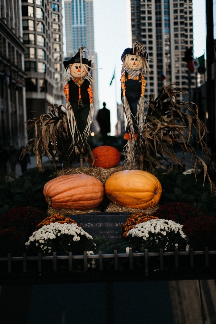 décoration-pour-la-fête-halloween-avec-fleurs-épi-de-blé-citrouilles-fond-d-écran-horreur-figurines-épouvantails-diy idée fond ecran halloween pour portable, idée déco halloween à faire soi-même avec citrouilles et épouvantails