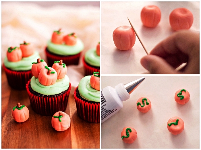 recette gateau halloween maternelle, décorer des cupcakes d'halloween avec des citrouilles en pâte à sucre
