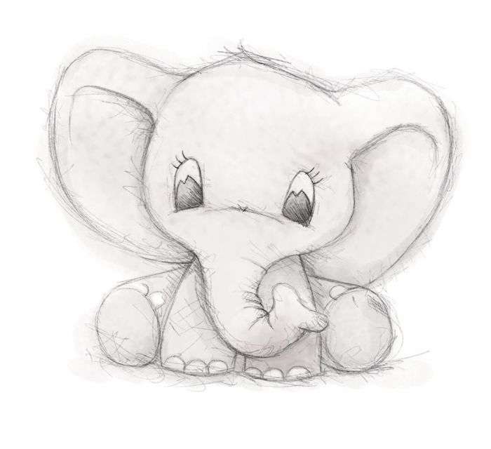 dessin facile et mignon graphique en noir et blanc, dessin dumbo elephant аu crayon, comment dessiner animal