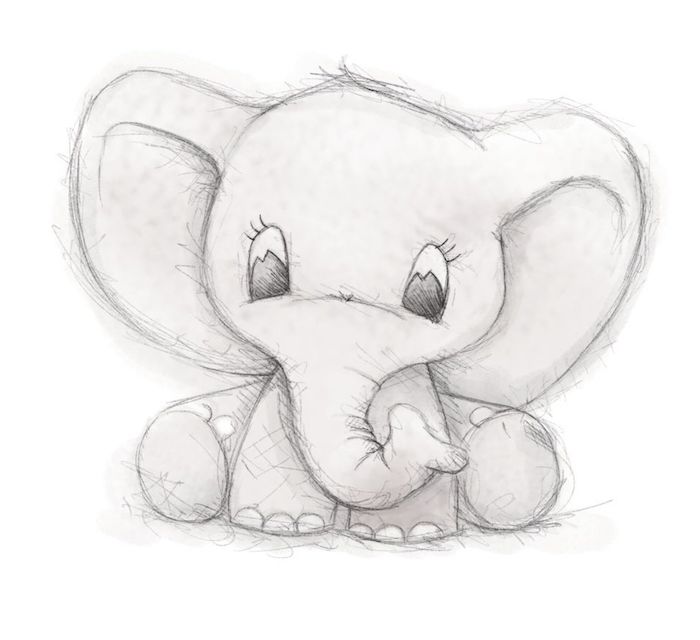 dessin facile et mignon graphique en noir et blanc, dessin dumbo elephant au crayon, comment dessiner animal