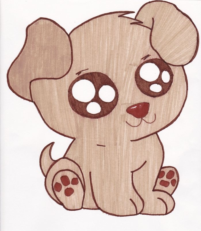 dessin kawaii animaux, petit chien chiot mignon coloré de couleur marron aux gros yeux noir et blanc